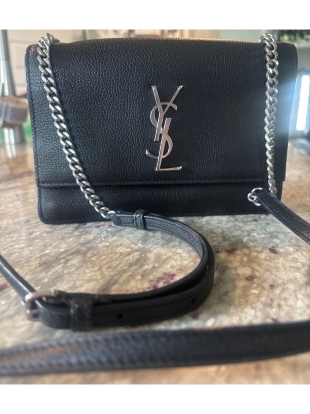 SAINT LAURENT Sunset Medium Black Leather Shoulder Bag Silver AUTH